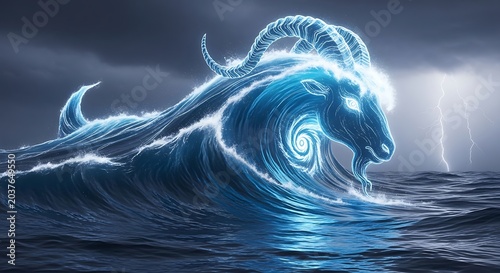 Mythical sea creature in stormy ocean.
