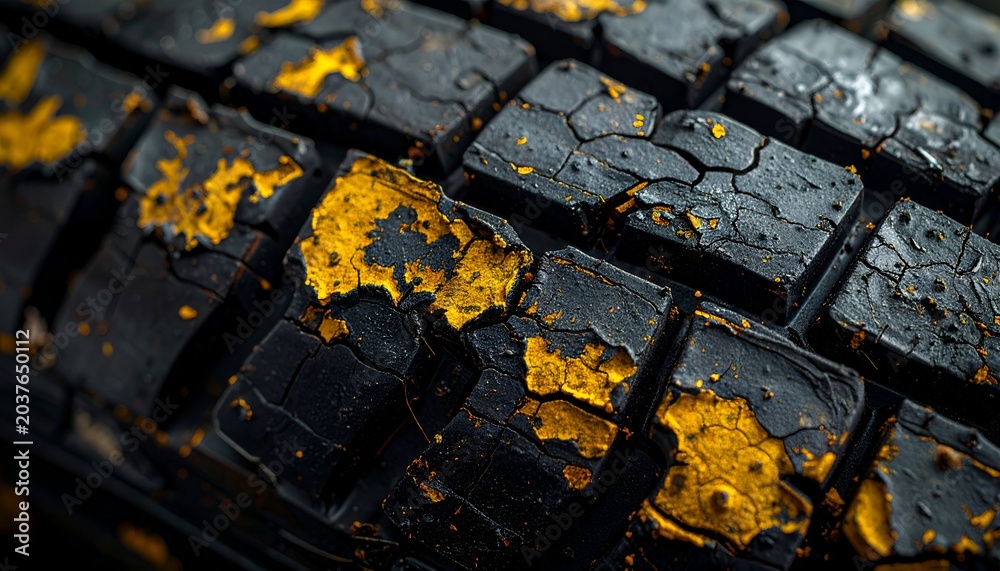 Obraz premium Close-up of damaged tire tread with exposed golden underlay, showing cracks and decay