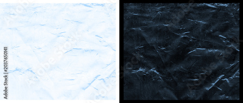 Tableau sur toile Crumpled plastic texture set, wrinkled transparent film background, dark and lig