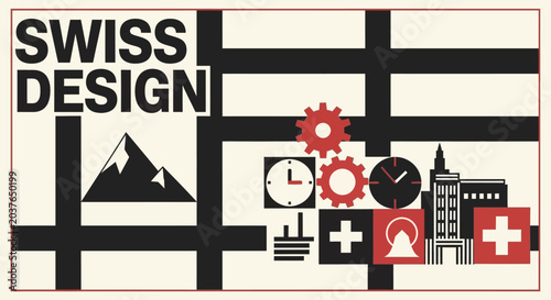 Swiss Design Elements: Mountains, Clocks, Gears, Architecture, Flags