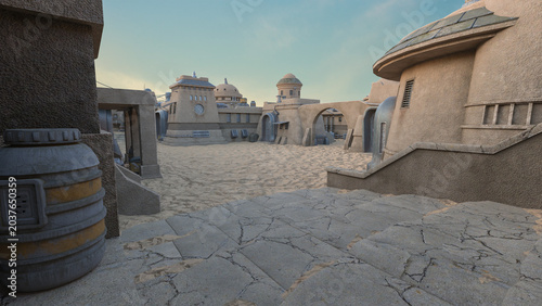 Foto Science fiction fantasy desert outpost on an alien planet