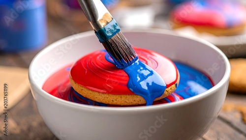 Glazed cookie being painted with red and blue liquid using a brush in a white bowl