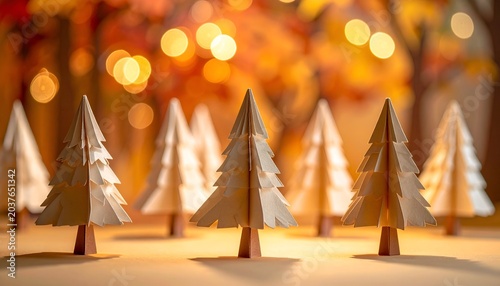 Miniature paper trees stand in a line, with bokeh lights in the background, warm tones