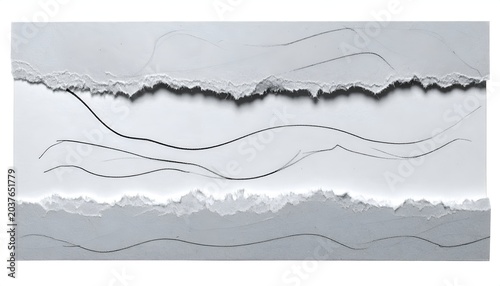 White textured artwork with torn edges and delicate lines suggesting a landscape