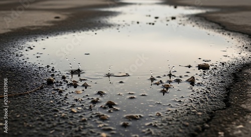 Puddles on wet asphalt road surface.