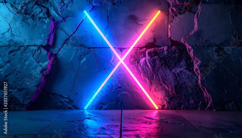 Neon X cross shines on rugged, cracked wall, with cool toned floor