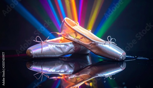 A pair of pink pointe shoes sit reflected on a glossy black surface with colorful light beams