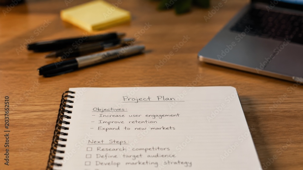 Obraz premium Notebook with project plan objectives on wooden desk.