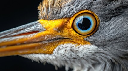 Close-up of heron's eye and beak, wildlife portrait, nature