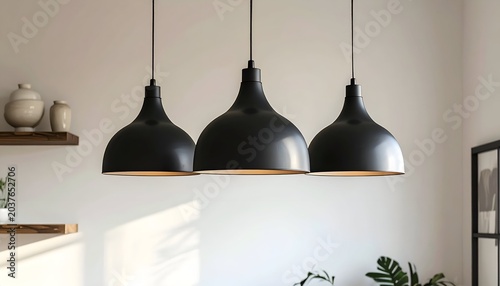 Three black pendant lights hang above, with minimalist decor and warm lighting