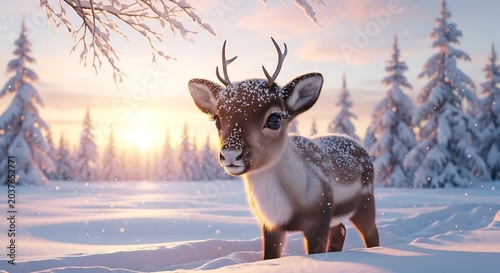Reindeer standing in snowy forest landscape.
