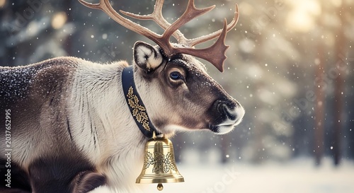Reindeer with bell on snowy background.
