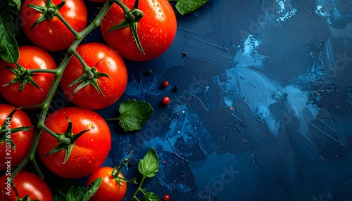 Vivid red tomatoes on vine with green leaves, scattered peppercorns on textured blue backdrop