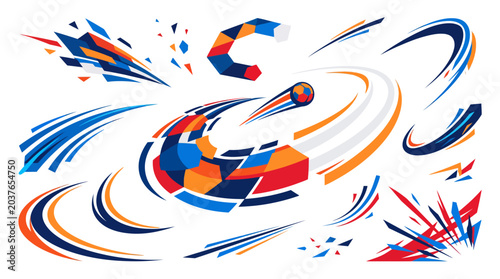 Dynamic Abstract Speed Motion Graphic Elements Set, featuring vibrant geometric shapes and energetic lines. Modern design accents conveying velocity, movement, and visual impact for creative projects