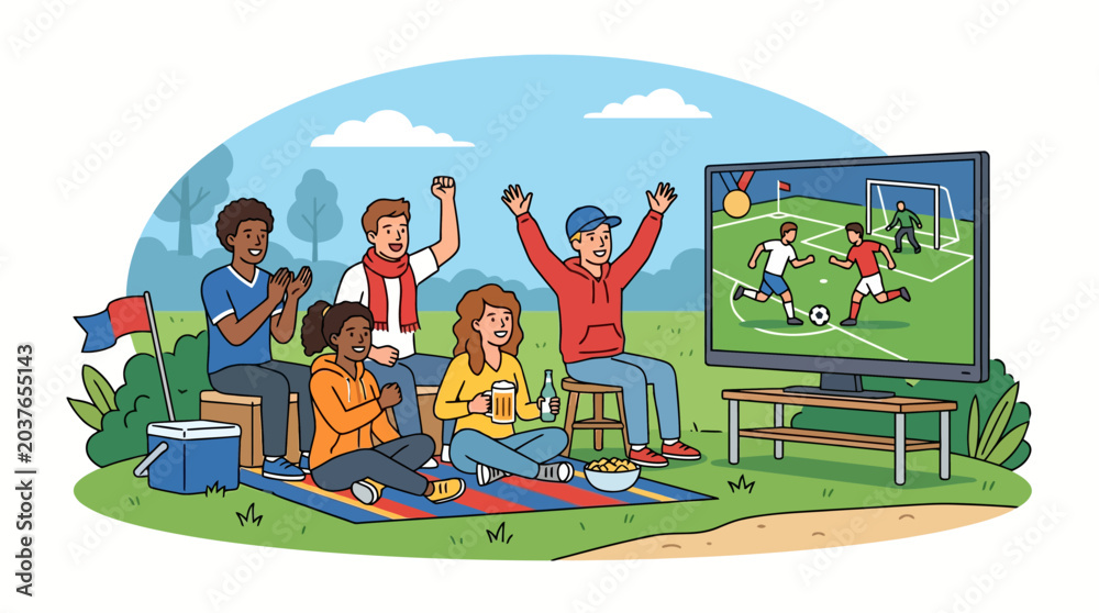 Fototapeta premium Excited soccer fans cheering while watching a match on a large screen outdoors, enjoying a picnic on a sunny day
