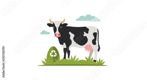 Fotografi Holsteiner Cow and Recycling Symbol in Green Field, Livestock Farming and Ecolog