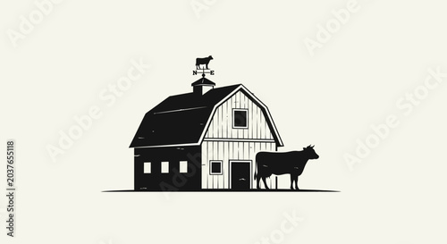 Konstfotografi Rustic Barn with Cow Silhouette and Weathervane - Farm Animal Icon