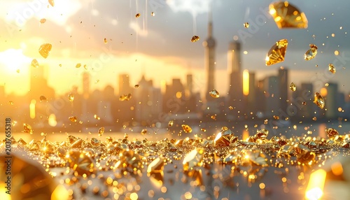 Golden diamonds rain before a blurred city skyline bathed in warm sunset hues