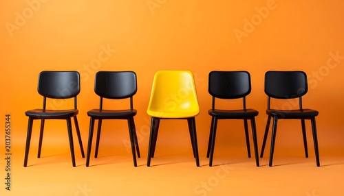 Five chairs, four black and one yellow, against an orange backdrop