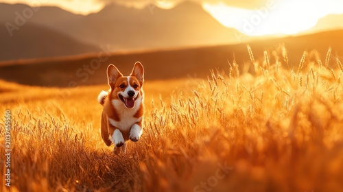 Corgi runs in golden wheat field at sunset with mountains in the background for ads