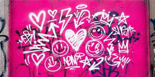 Bild auf Leinwand Urban Art Explosion: A vibrant pink wall adorned with a chaotic yet captivating array of graffiti art, featuring bold hearts, smiley faces, lightning bolts, and crowns in white spray paint