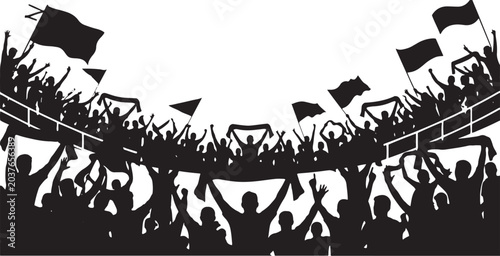 Black silhouette of a large crowd of sport fans cheering with scarves and flags. This illustration represents stadium atmosphere and victory celebration. Vector illustration