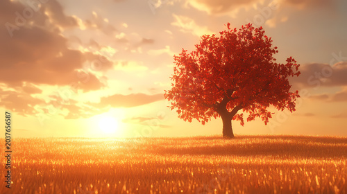 Golden Sunset with a Red Maple Tree