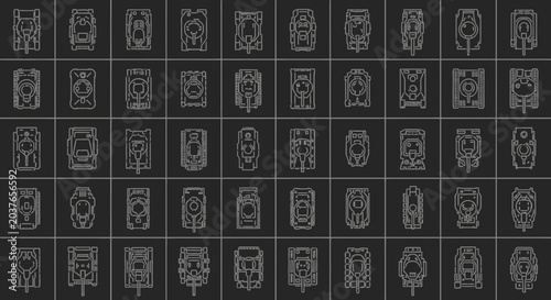 Fotografija Collection of tank outlines from top view, military vehicles schematic drawings