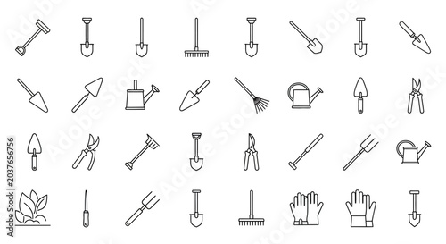 Obraz na płótnie Gardening Tools Icons Set: Spade, Rake, Trowel, Pruners, Watering Can, Gloves &