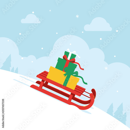 Colorful gifts on a red sled.