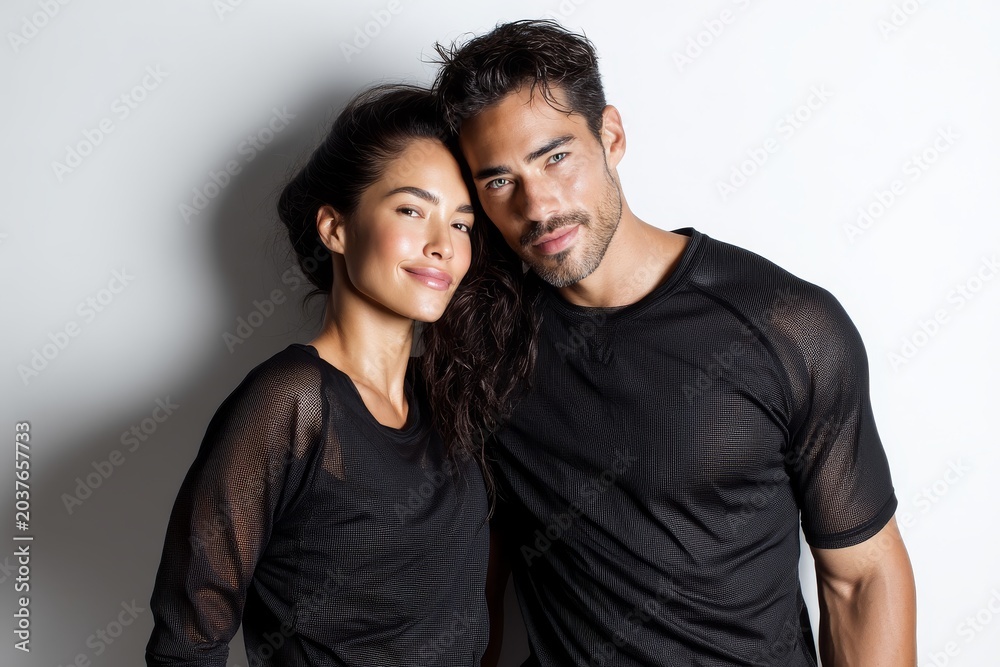 Obraz premium Portrait of a content latino couple in their 30s showing off a lightweight base layer isolated in white background