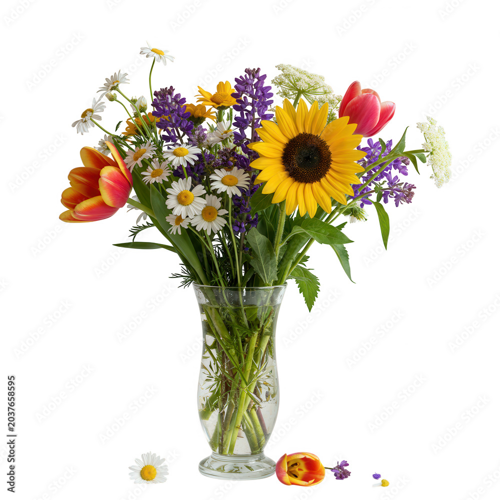Obraz premium Vibrant wildflower bouquet in glass vase isolated on transparent background