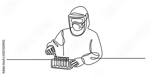 Foto Continuous one line drawing of a scientist in protective gear working with test