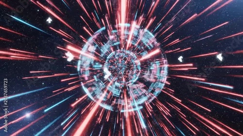 Abstract digital space spheres with radiant light effects on starry background