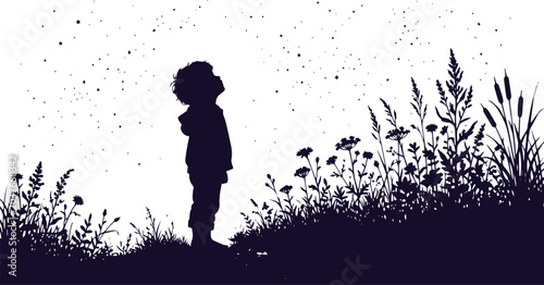 Silhouette of a young boy looking up at the starry night sky, child standing in a meadow of wildflowers, dreamy starlight vector illustration isolated on White Background