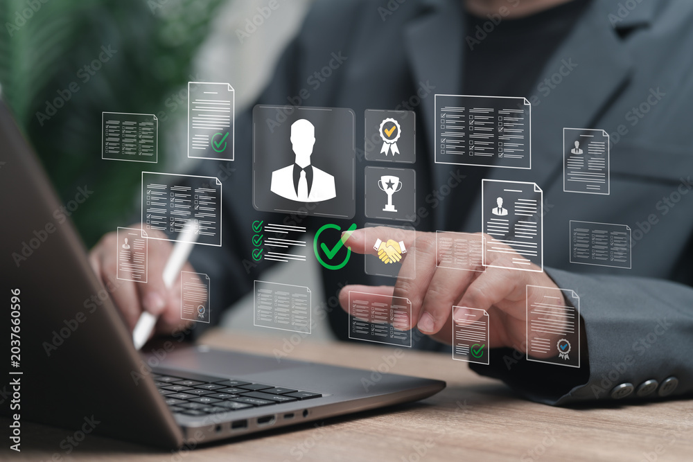 Naklejka premium HR Recruitment and Employee Selection Concept, Businessman Reviewing Digital Documents Candidate Profiles Online Hiring System Virtual HR Technology Skills Testing and Talent Acquisition Process