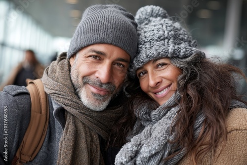 Portrait of a smiling latino couple in their 40s donning a warm wool beanie isolated on bustling airport terminal