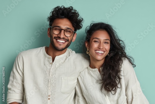 Portrait of a grinning indian couple in their 20s wearing a simple cotton shirt while standing against pastel teal background