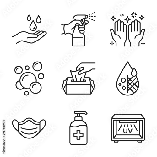 Tableau sur toile Hygiene and sanitization line icons collection with sanitization disinfection pr