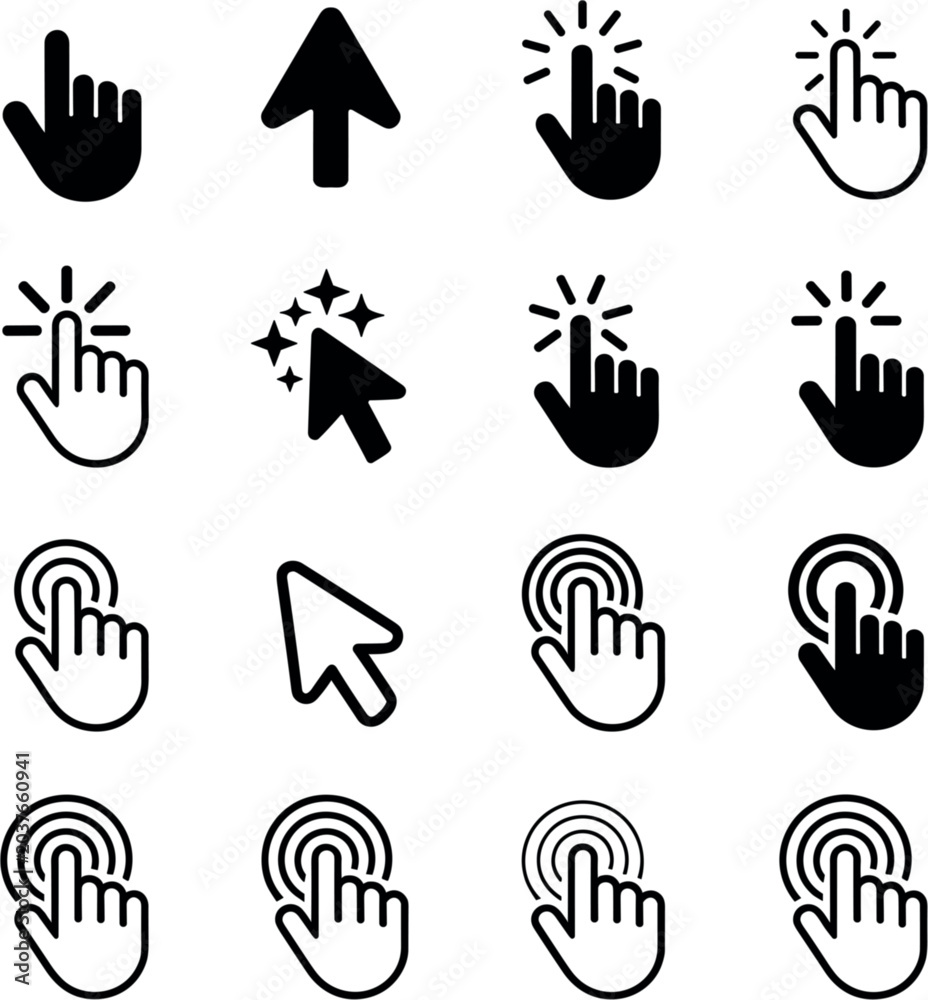 Fototapeta premium Click hand cursor icons, touchscreen gestures, tap pointers, mobile interaction, desktop navigation, UI symbols, website, touchscreen hand, UI, UX, web design, interface, vector icons