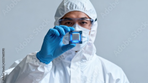 Scientist holding microchip in cleanroom