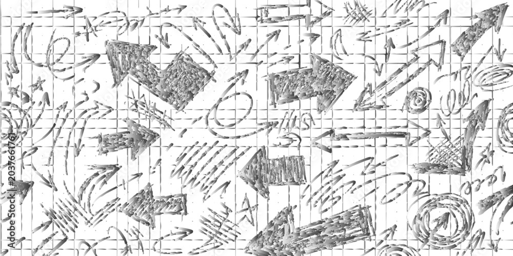 Fototapeta premium Arrow Doodle Collage: A dynamic collection of hand-drawn arrows in various styles and directions, sketched on a gridded background, creating a visually engaging and energetic graphic resource.