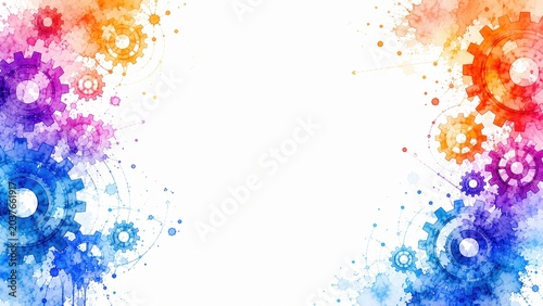 Gears engineering mechanics industrial watercolor concept. Abstract digital illustration of colorful interconnected gears on white background