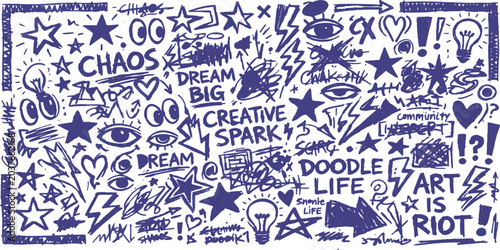 Doodle Chaos: A vibrant collection of hand-drawn doodles, abstract shapes, and motivational phrases in blue ink, bursting with creative energy.
