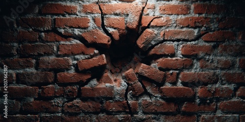 Brick wall with a hole showing breakage and damage texture and abstract design