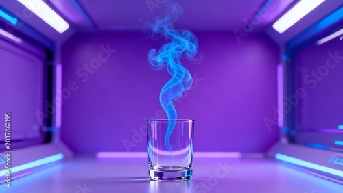 Glass with blue smoke in futuristic room