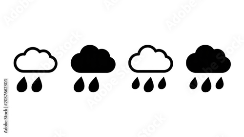 Photos Set of four black and white rainy cloud weather icons with different rain drop a