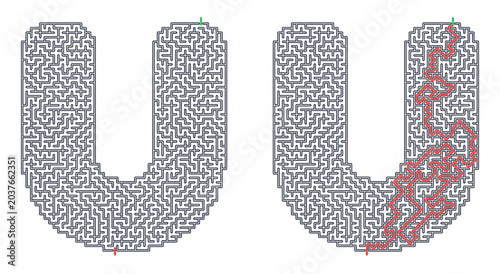 Tableau sur toile Maze shaped like letter U in black with red path on transparent background
