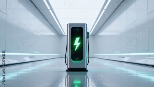Electric vehicle charging station in futuristic corridor