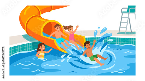 Foto Aqua Adventure: Children gleefully slide down a vibrant orange water slide into a sparkling blue pool, splashes erupting as they embrace the fun and excitement of a summer day
